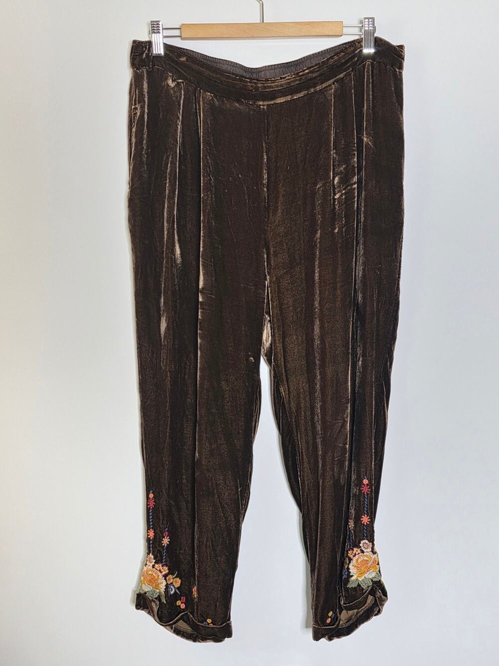 Johnny Was Velvet Embroidered Brown Lounge Pants Elastic Waist Size Large